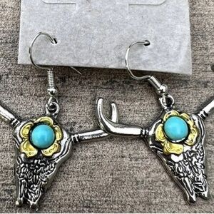 Silver and Gold tone Bull Skull Earrings with Turquoise Accents